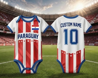 Body per neonati del Paraguay personalizzabile con nome e numero, body da calcio personalizzato del Paraguay, regalo per neonati a tema calcio per maschietti e femminucce