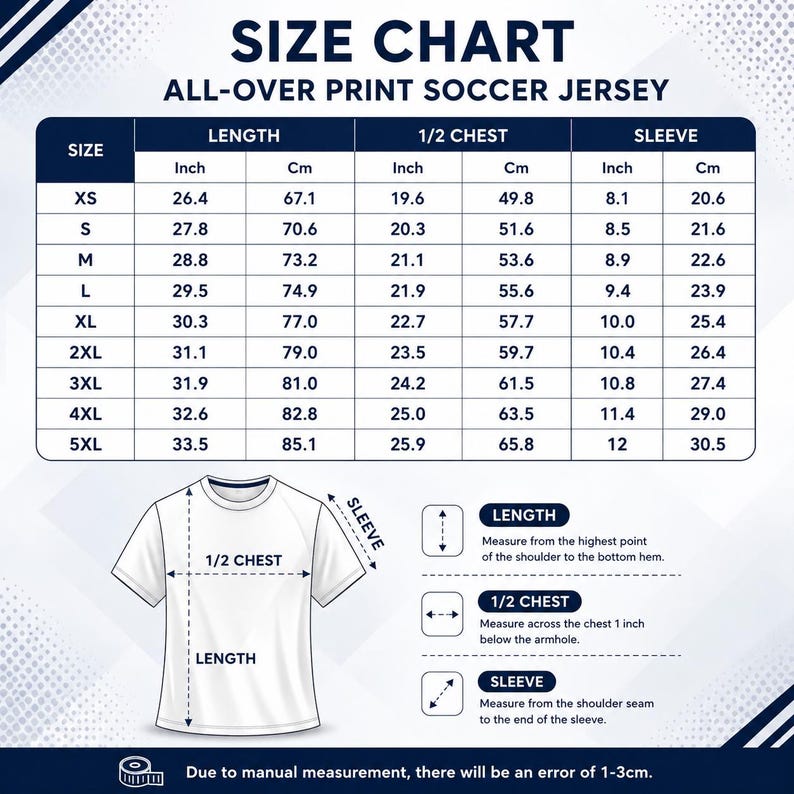May include: A size chart for an all-over print soccer jersey featuring a table with measurements in inches and centimeters for sizes XS through 5XL. A diagram of a t-shirt illustrates how to measure length, 1/2 chest, and sleeve dimensions.