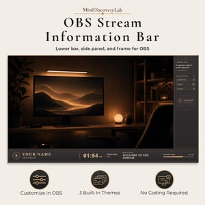 以下が含まれることがあります： ダークでミニマルなデザインのOBSストリーム情報バーオーバーレイ。下部バー、サイドパネル、フレームで構成されています。インターフェースには「YOUR NAME」、「LIVE STREAM」、「01:54 PM」、「WELCOME TO THE STREAM」などのテキストがゴールドのアクセントで表示されています。