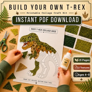 以下が含まれることがあります： Build Your Own T-Rexというタイトルの印刷可能なコラージュ工作キット。T-Rexコラージュベース、子供用安全のり、ハサミ、そして恐竜を組み立てるための様々な緑色のテクスチャ付き紙の三角形が含まれています。