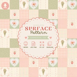 Cottagecore Strawberry Patchwork Botanical Seamless Pattern Floral Vintage Digital Paper Pink Green Fabric Print