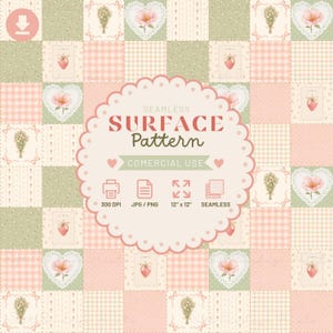 May include: A seamless surface pattern featuring a grid of squares with alternating designs of pink strawberries, floral bouquets, and pink flowers inside white lace hearts. The central text reads SEAMLESS SURFACE PATTERN COMERCIAL USE.