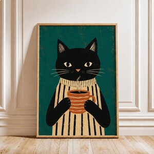 Black Cat Wall Art, Cat with Coffee Print, Green Retro Poster, Folk Illustration Cat Art, Cozy Coffee Lover Gift, Kitchen Cafe Decor