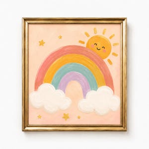 Süßer Regenbogen & lächelnde Sonne Ölgemälde Poster, Kinderzimmer Wandkunst, Kinderzimmer Wandkunst, Baby Zimmer Dekor, fröhliches Geschenk zur Geburt