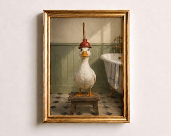 Canard blanc avec piston, oeuvre d'art drôle pour la salle de bain, décoration murale pour salle d'eau, affiche vintage originale de toilettes d'animaux de ferme