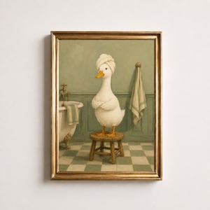 Funny Bathroom Duck Wall Art, Duck in Towel Turban Print, Sage Green Bath Art, Vintage Powder Room Decor, Spa Duck Poster, Funny Bath Gift