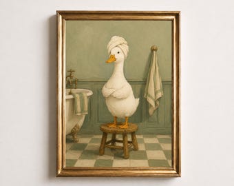 Décoration murale amusante pour salle de bain avec canard en turban de serviette, vert sauge, décoration vintage pour salle d'eau, poster canard spa, cadeau de bain amusant