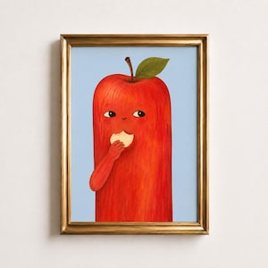 Kunstdruck „Apfelismus“, Apfel isst einen Apfel, lustige blaue Frucht-Küchenkunst, Einzugsgeschenk, handgezeichnetes Originalkunstwerk, verschiedene Größen