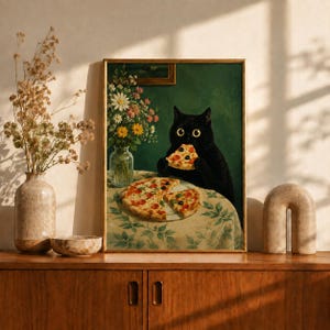 Black Cat Eating Pizza Wall Art, Funny Square Cat Print, Vintage Kitchen Decor, Green Cat Oil Painting, Pizza Poster, Cat Lover Gift Idea image 5