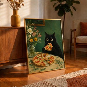 May include: A framed wall art print featuring a black cat with wide yellow eyes eating a slice of pepperoni pizza. A glass vase filled with colorful wildflowers sits on a table covered by a floral tablecloth next to a whole pepperoni pizza.