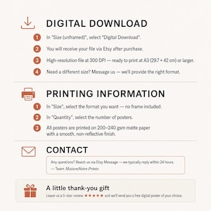 May include: An informational graphic with black text on a light background. Sections include Digital Download, Printing Information, Contact, and a thank-you gift offer. Icons for a download arrow, printer, envelope, and gift box are included in orange.