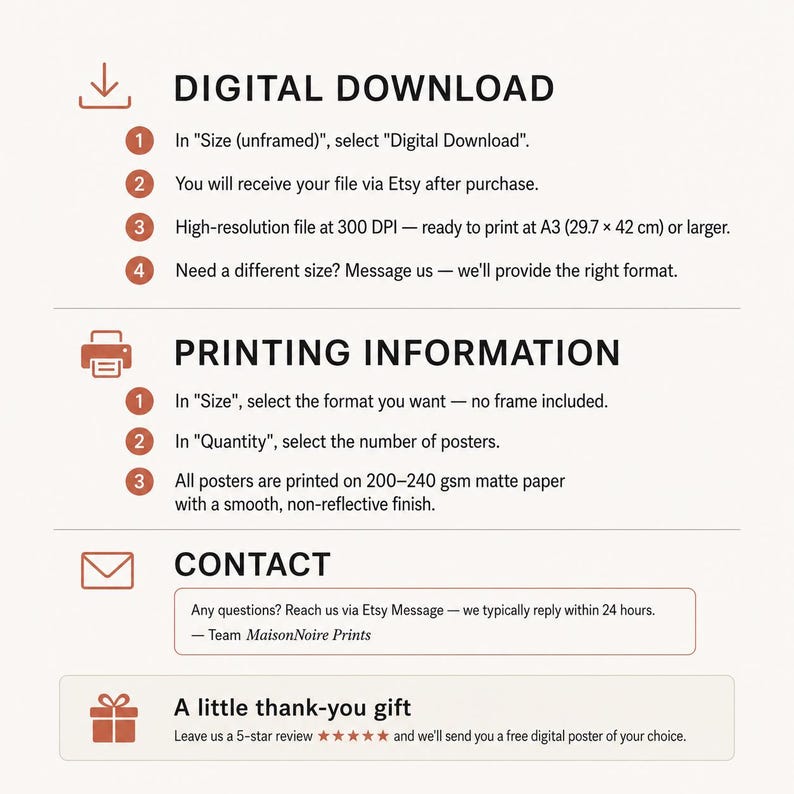 May include: An informational graphic with black text on a light background. Sections include Digital Download, Printing Information, Contact, and a thank-you gift offer. Icons for a download arrow, printer, envelope, and gift box are included in orange.