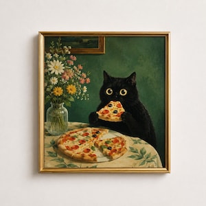 In this poster, you can see a wide-eyed black cat eating a slice of pizza at a table with a whole pizza and a vase of flowers, set against a green wall, painted in a textured oil painting style.