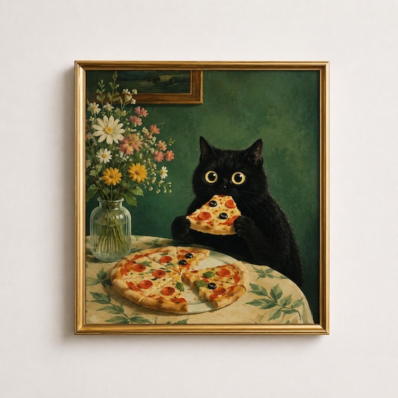 Black Cat Eating Pizza Wall Art, Funny Square Cat Print, Vintage Kitchen Decor, Green Cat Oil Painting, Pizza Poster, Cat Lover Gift Idea