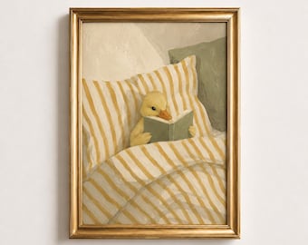 Läsande ankunge oljemålning poster, anka i sängen med boktryck, gul väggkonst för barnrum, mysig barnrumsdekor, babyshowerpresent