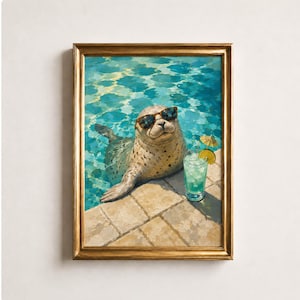Funny Seal with Cocktail Print, Sunglasses Seal Poster, Seal by the Pool Wall Art, Sea Lion Print, Beach House Decor, Animal Lover Gift