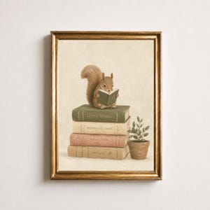 May include: A framed wall art print featuring a brown squirrel sitting atop a stack of four books, reading a small green book. The books are titled Little Stories, Woodland Tales, Field Guide, and Botany. A small potted plant sits beside them.