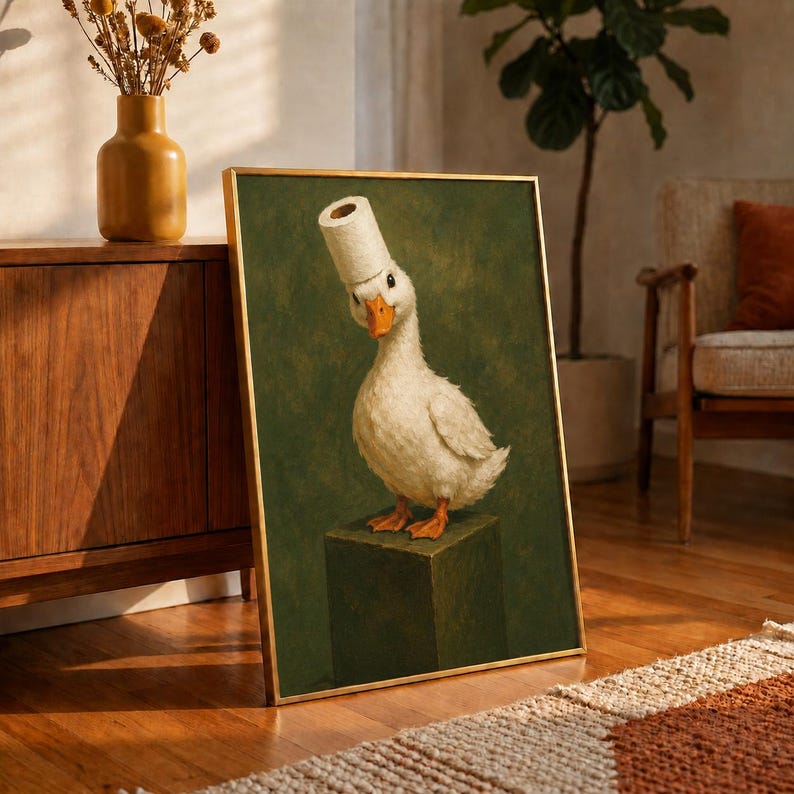 Rolig anka badrumsväggkonst, toalettpapper ankatryck, konstig vintage djurposter, toalettdekor, udda ankaälskarepresent, toalettkonst bild 3