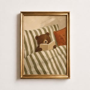 Reading Bear Oil Painting Poster, Bear Cub in Bed with Book Print, Sage Green Nursery Wall Art, Woodland Bedroom Decor, Book Lover Gift