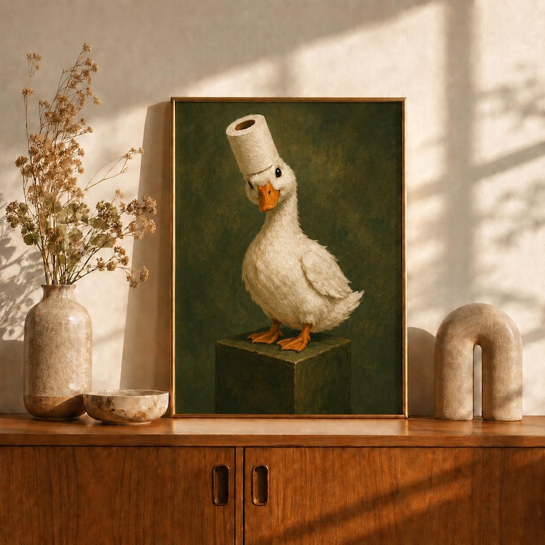 Rolig anka badrumsväggkonst, toalettpapper ankatryck, konstig vintage djurposter, toalettdekor, udda ankaälskarepresent, toalettkonst bild 5