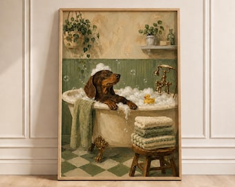面白いダックスフンドの入浴油絵アート、バスタブの中のソーセージ犬のプリント、緑色のバスルームの壁飾り、犬好きへのギフトアイデア、ヴィンテージダックルポスター