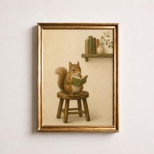 Puede incluir: Un cuadro enmarcado de una ardilla marrón sentada en un pequeño taburete de madera, sosteniendo y leyendo un libro verde abierto. Sobre la ardilla, un estante de pared sostiene una fila de libros verticales y un pequeño jarrón blanco con una planta.