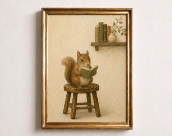 May include: A framed painting of a brown squirrel sitting on a small wooden stool, holding and reading an open green book. Above the squirrel, a wall-mounted shelf holds a row of vertical books and a small white vase with a green leafy plant.