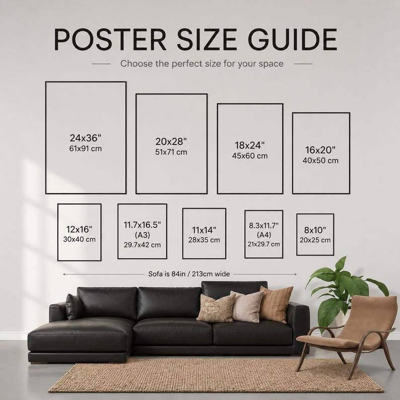 May include: A poster size guide chart displaying various dimensions in inches and centimeters, including 24x36, 20x28, 18x24, 16x20, 12x16, 11.7x16.5, 11x14, 8.3x11.7, and 8x10. The text indicates a sofa width of 84 inches for scale reference.