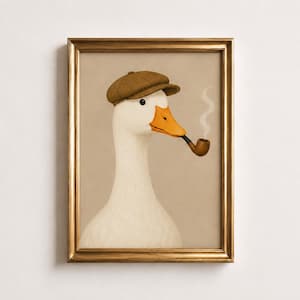 Smoking Duck Poster, Vintage Gentleman Duck Wall Art, Duck in Flat Cap Print, Beige Man Cave Decor, Funny Animal Portrait, Duck Lover Gift