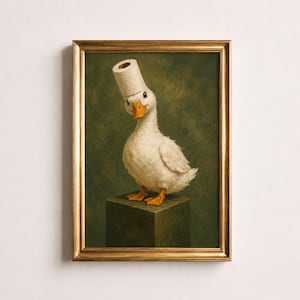 In this poster, you can see a white duck with a toilet paper roll on its head, standing on a green box, set against a dark green background, painted in a textured oil painting style.