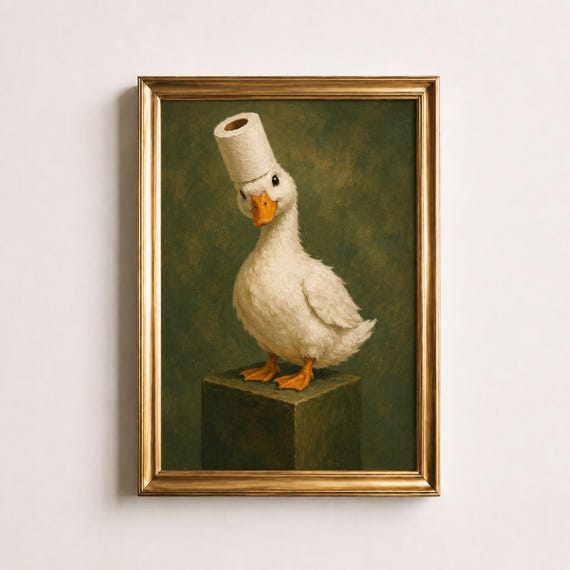 Funny Duck Bathroom Wall Art, Toilet Paper Duck Print, Weird Vintage Animal Poster, Powder Room Decor, Quirky Duck Lover Gift, Restroom Art