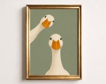 Goose Duo-poster, minimalistisk djurväggkonst, rolig bondgårdsdekoration, nyfiken anka-tryck, salviagrön väggkonst, gåsälskare-present