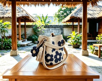 Handmade Crochet Flower Tote Bag: Tassel Pendant, Boho Beach Travel Bag, Knit Drawstring Crossbody Tote, Crochet Bucket Bag, Unique Gift