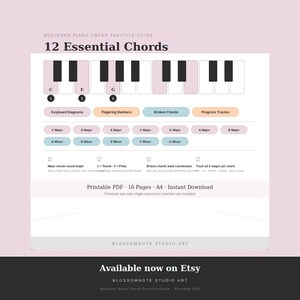 以下が含まれることがあります： 初心者向けのピアノコード練習ガイド「12 Essential Chords」。鍵盤図、指番号、メジャーコードとマイナーコードのリストが記載されています。印刷可能なPDF形式で、全16ページ、A4サイズです。