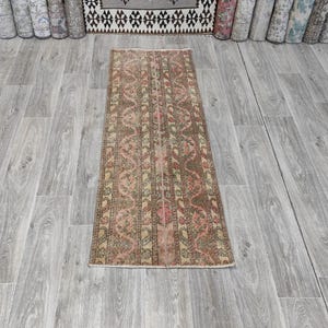 Alfombra turca Oushak antigua de 2x5, hecha a mano, de lana, de Anatolia.