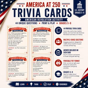 Può includere: Carte trivia America at 250 per i gradi 5-8 con 44 domande stampabili sulla Rivoluzione americana. Il set include carte a scelta multipla con risposte, in formato PDF stampabile, decorate nei colori rosso, bianco e blu.