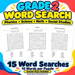 May include: A collection of Grade 2 word search worksheets featuring topics like Long E Words, Money, and Plants & Pollinators. Each page includes a grid of letters, a list of 10 words to find, and spaces for a name and date. The set includes 15 puzzles.