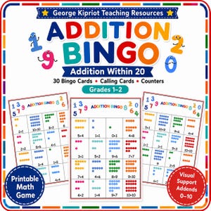 Puede incluir: Juego de bingo de sumas para grados 1-2 con 30 cartones, tarjetas de llamada y contadores. El recurso educativo incluye sumas hasta 20 con apoyo visual para sumandos de 0-10. El diseño colorido muestra números y ecuaciones matemáticas.