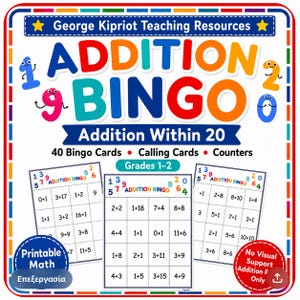 Könnte beinhalten: Addition Bingo von George Kipriot Teaching Resources für die Klassen 1-2. Enthält 40 Bingokarten, Ziehkarten und Zähler für Additionen bis 20. Der bunte Titel zeigt Zeichentrickzahlen und das Set umfasst druckbare mathematische Arbeitsblätter.