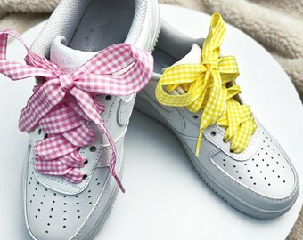 Gingham Checkered Ribbon Shoelaces, Plaid Pattern Flat Fabric Laces, Pink/Yellow Preppy Shoe Laces, Cute Bow Laces for Sneakers