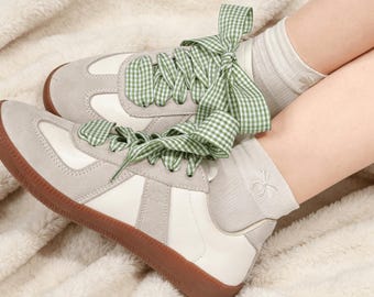 Gingham Checkered Shoelaces for Adidas Samba, Green Plaid Ribbon Laces, Preppy Bow Shoe Laces, Retro Aesthetic Sneaker Accessories