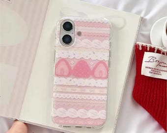 Cream Strawberry Cake Lace Bowknot iPhone Case | Soft Coquette Phone Cover