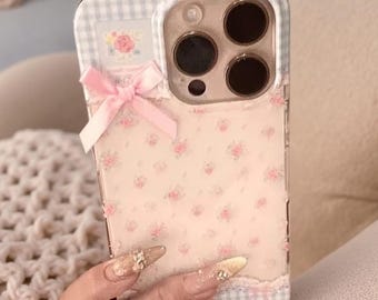 Korean Retro Plaid Floral Bow iPhone Case | Soft Protective Phone Cover