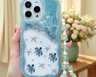 Summer Turtle iPhone Case with Bead Strap | Wavy Marine Phone Cover | Soft TPU Protection