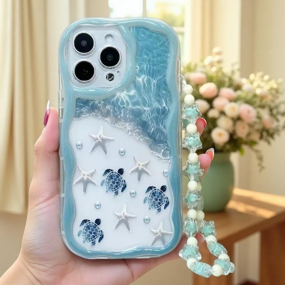 Summer Turtle iPhone Case with Bead Strap | Wavy Marine Phone Cover | Soft TPU Protection