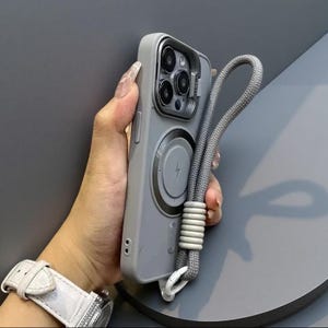 Magnetic iPhone Case with Flip Lens Cover & Wrist Lanyard | TPU Protection Gray