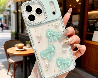 豪華な蝶とリボンのパールがあしらわれたiPhoneケース | iPhone 13-17 Pro Max対応耐衝撃保護カバー