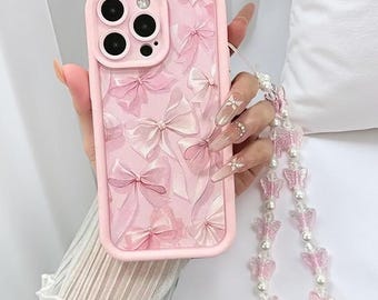 Pink Bow iPhone Case with Lanyard | Shockproof Ribbon Cover