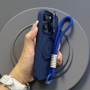 Magnetic iPhone Case with Flip Lens Cover & Wrist Lanyard | TPU Protection Blue