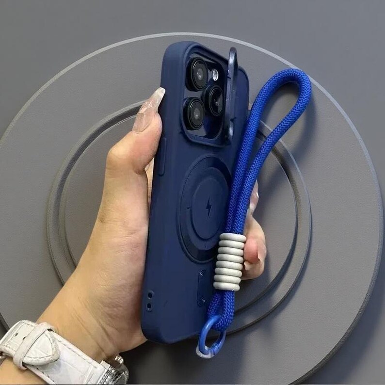 Magnetic iPhone Case with Flip Lens Cover & Wrist Lanyard | TPU Protection Blue